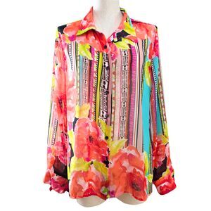 Women’s XL Sheer Floral Button Down Blouse Top Boho Flowy Romantic Whimsical